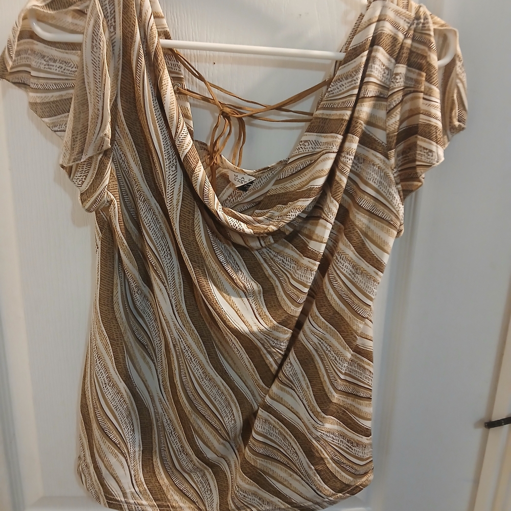 Draped Striped Brown & Cream Flutter-Sleeve Blouse